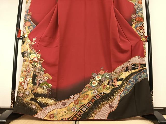 平和屋着物●豪華振袖 駒刺繍 草花文 暈し染め 金彩 正絹 逸品 AABL3091fy