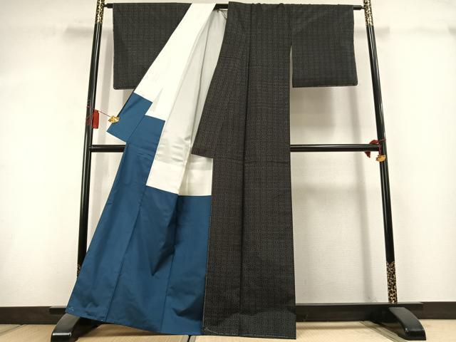 平和屋着物●本場大島紬 麻の葉文様 黒地 正絹 逸品 未使用 AABL3133fy