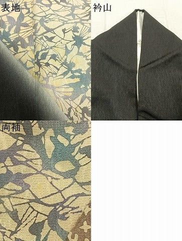 平和屋着物●訪問着 型染め 枝葉文 暈し染め 黒地 正絹 逸品 AABL3160fy