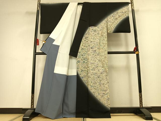 平和屋着物●訪問着 型染め 枝葉文 暈し染め 黒地 正絹 逸品 AABL3160fy