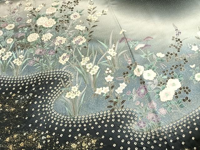 平和屋着物●訪問着 絞り 草花文 暈し染め 黒地 金銀彩 正絹 逸品 AABL3183fy