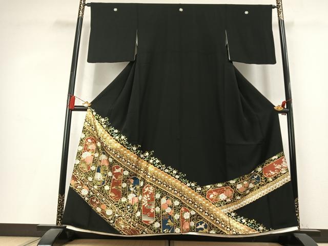 平和屋着物●豪華黒留袖 花鳥文 金彩 正絹 逸品 AABL3188fy