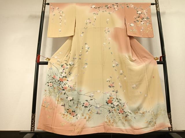 平和屋着物●十日町友禅作家 松雨 訪問着 枝花文 暈し染め 金銀彩 正絹 逸品 未使用 AABL3206fy