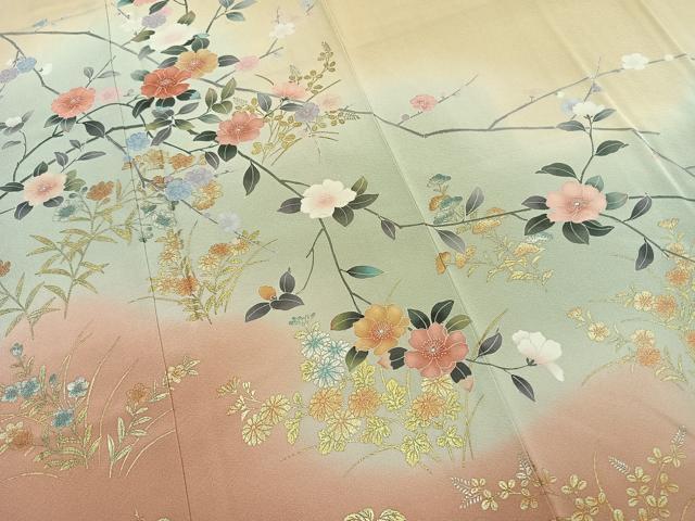 平和屋着物●十日町友禅作家 松雨 訪問着 枝花文 暈し染め 金銀彩 正絹 逸品 未使用 AABL3206fy