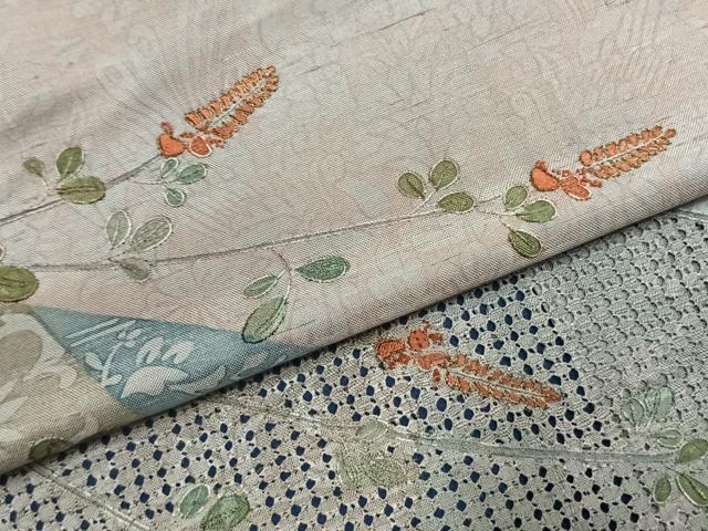 平和屋着物●訪問着 紬地 中国三大刺繍 スワトウ刺繍 汕頭刺繍 枝花文 金糸 正絹 逸品 AABL3207fy