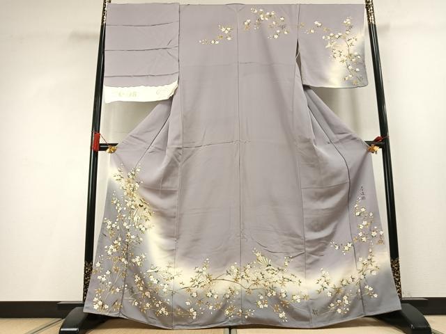 平和屋着物●螺鈿作家 甲斐泰造 訪問着 螺鈿 花鳥文 暈し染め 金彩 丹後ちりめん 反端付き 正絹 逸品 未使用 AABL3214fy