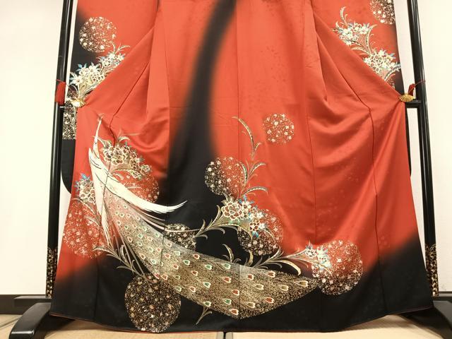 平和屋着物●豪華振袖 螺鈿 孔雀花文 暈し染め 金銀彩 正絹 逸品 AABL3221fy