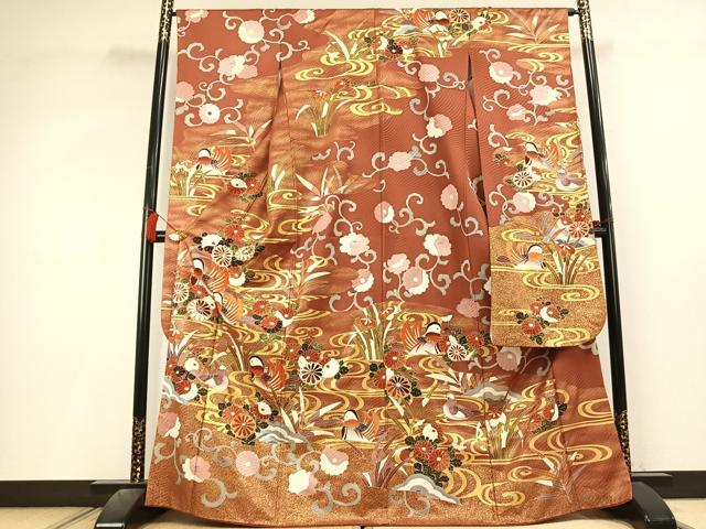 平和屋着物●豪華振袖 駒刺繍 鴛鴦花文 金彩 正絹 逸品 AABL3248fy