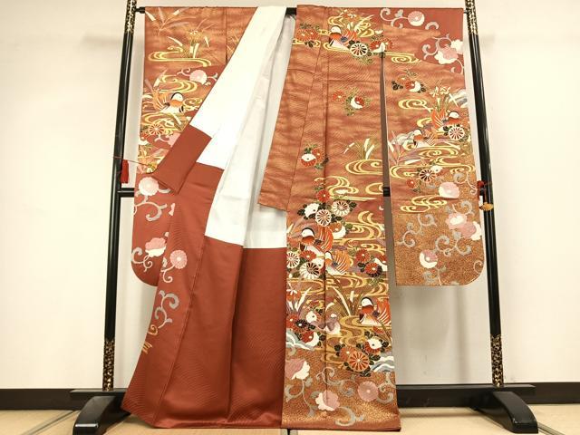 平和屋着物●豪華振袖 駒刺繍 鴛鴦花文 金彩 正絹 逸品 AABL3248fy