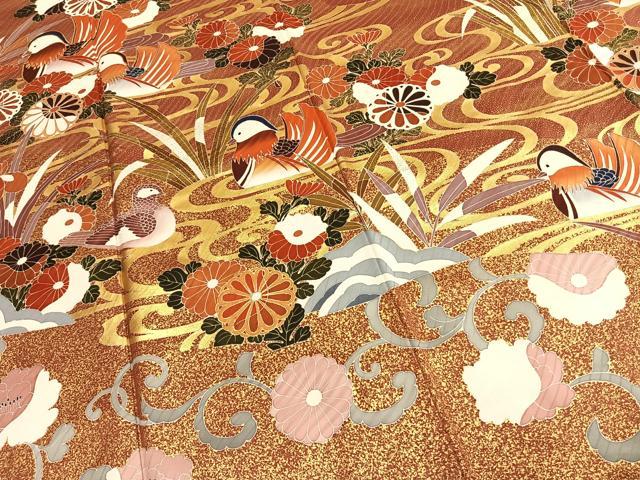 平和屋着物●豪華振袖 駒刺繍 鴛鴦花文 金彩 正絹 逸品 AABL3248fy