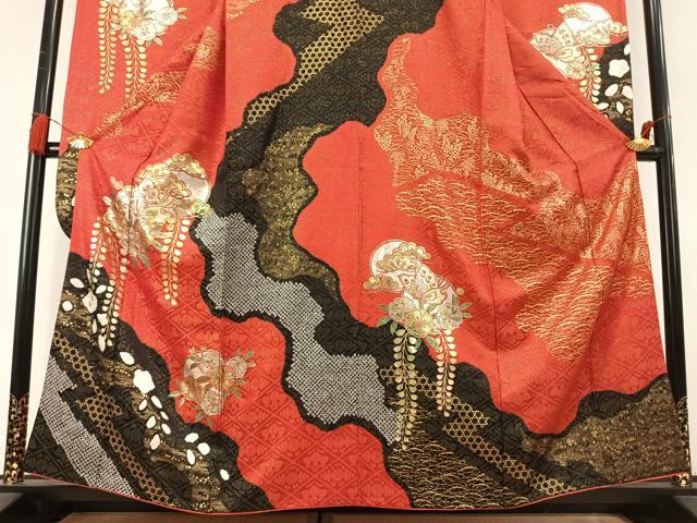 平和屋着物●豪華振袖 絞り 駒刺繍 花蝶文 金銀彩 金通し地 正絹 逸品 AABL3276fy