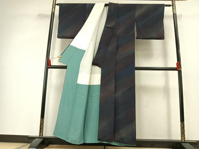 平和屋着物●上質な小紋 斜縞 鬼しぼ縮緬 正絹 逸品 AABL3286fy