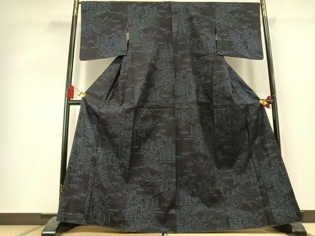 平和屋着物●結城紬 80亀甲 風景花文 正絹 逸品 AABL3300fy