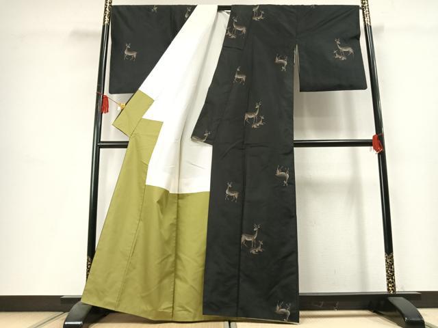 平和屋着物●上質な紬 鹿 黒地 正絹 逸品 AABL3345fy