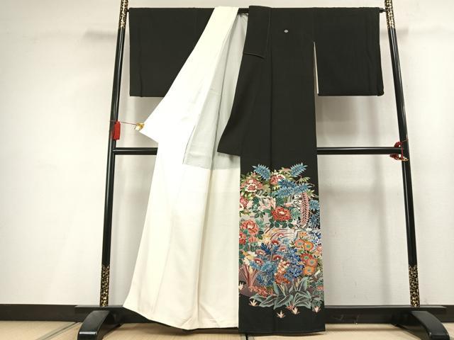平和屋着物●豪華黒留袖 友禅 作家物 花鳥文 正絹 逸品 AABL3354fy