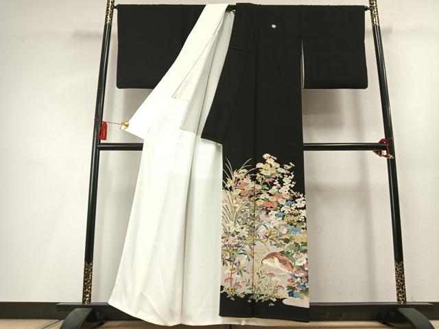 平和屋着物●本加賀友禅作家 直江良三 黒留袖 花鳥文 正絹 逸品 AABL3365fy