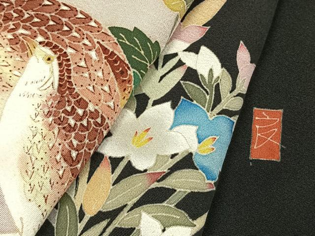 平和屋着物●本加賀友禅作家 直江良三 黒留袖 花鳥文 正絹 逸品 AABL3365fy