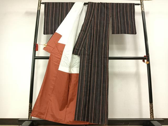平和屋着物●上質な紬 刺し子 縞 正絹 逸品 AABL3379fy