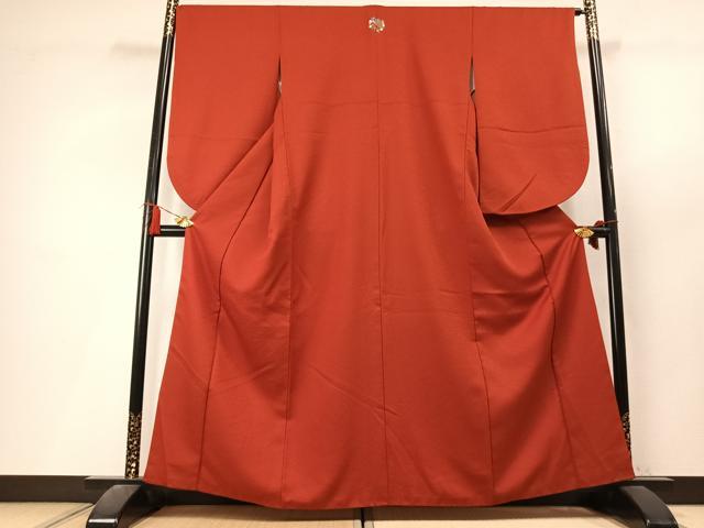 平和屋着物●小振袖 二尺袖 色無地 紋意匠 赤丹色 洗える着物 AABL3388fy