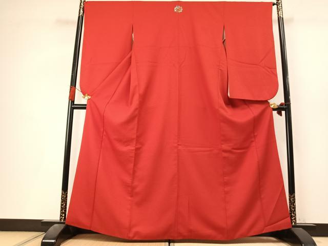 平和屋着物●小振袖 二尺袖 色無地 紋意匠 赤丹色 洗える着物 AABL3389fy