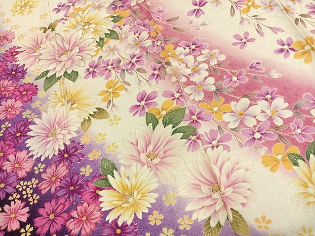 平和屋着物●豪華振袖 刺繍 草花文 暈し染め 金糸 銀通し地 正絹 逸品 AABL3391fy