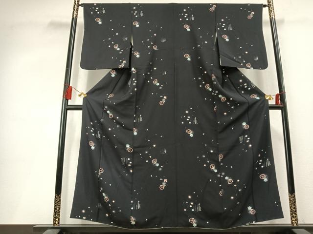 平和屋着物●上質な小紋 花蝶文 暈し染め 黒地 正絹 逸品 AABL3466fy