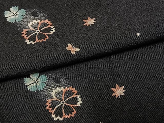 平和屋着物●上質な小紋 花蝶文 暈し染め 黒地 正絹 逸品 AABL3466fy