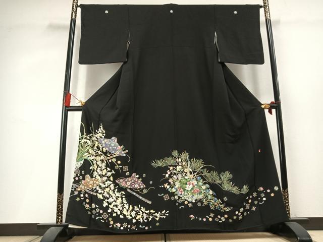 平和屋着物●豪華黒留袖 友禅 作家物 草花文 金彩 正絹 逸品 AABL3501fy