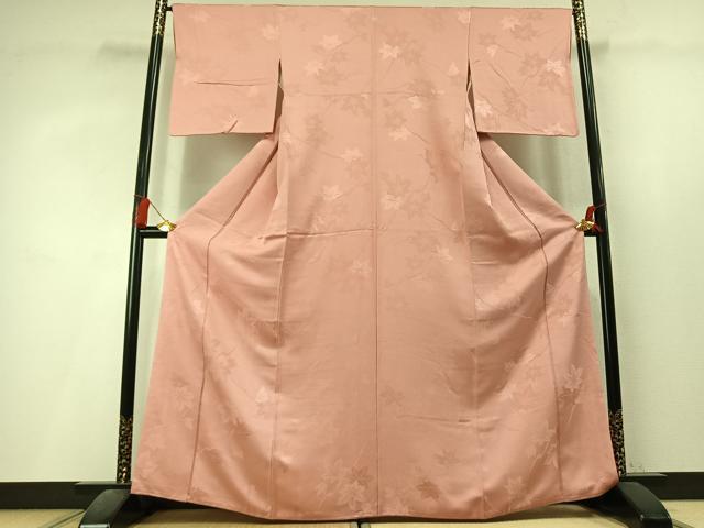 平和屋着物●上質な色無地 枝葉地紋 珊瑚色 正絹 逸品 AABL3509fy