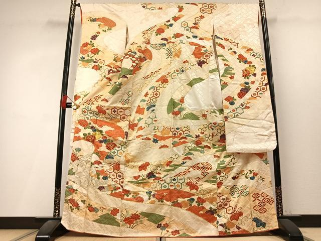 平和屋着物●豪華振袖 駒刺繍 草花文 金彩 正絹 逸品 AABL3526fy