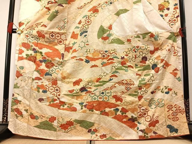 平和屋着物●豪華振袖 駒刺繍 草花文 金彩 正絹 逸品 AABL3526fy