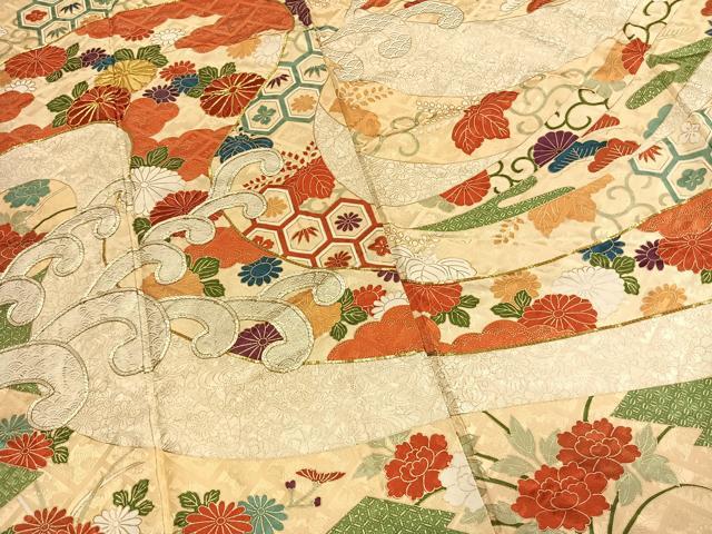 平和屋着物●豪華振袖 駒刺繍 草花文 金彩 正絹 逸品 AABL3526fy
