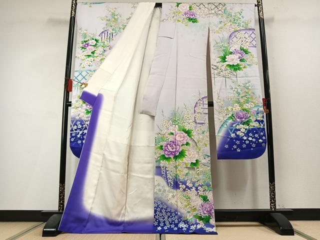 平和屋着物●豪華振袖 草花文 暈し染め 銀彩 正絹 逸品 AABL3527fy