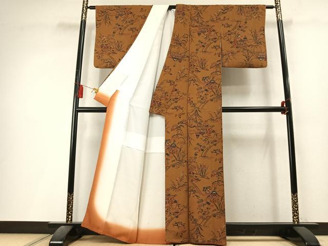 平和屋着物●上質な小紋 型染め 風景花文 鬼しぼ縮緬 正絹 逸品 AABL3536fy