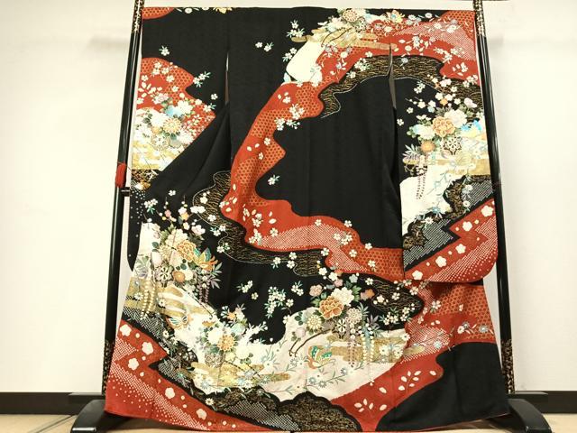 平和屋着物●豪華振袖 絞り 片輪車花蝶文 黒地 金銀彩 正絹 逸品 AABL3600fy