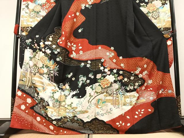 平和屋着物●豪華振袖 絞り 片輪車花蝶文 黒地 金銀彩 正絹 逸品 AABL3600fy