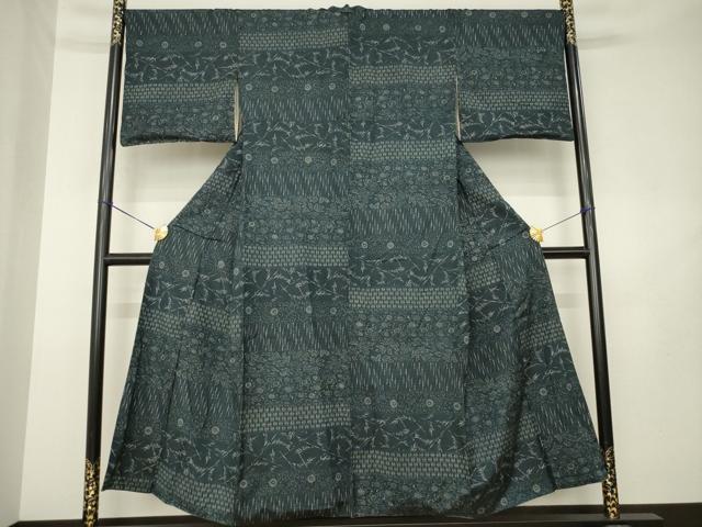 平和屋着物●上質な小紋 紬地 横段花文 正絹 逸品 AABL3606ck