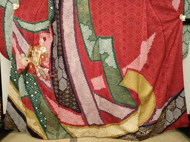 平和屋着物●豪華振袖 絞り 駒刺繍 御所車花文 正絹 逸品 AABL3607ck