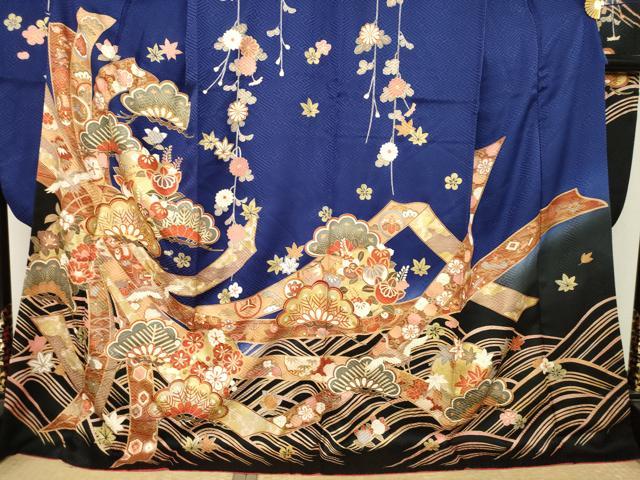 平和屋着物●豪華振袖 駒刺繍 飛鶴吉祥松文 黒地 ロング丈 正絹 逸品 AABL3618ck