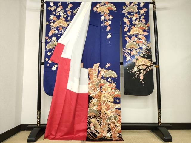 平和屋着物●豪華振袖 駒刺繍 飛鶴吉祥松文 黒地 ロング丈 正絹 逸品 AABL3618ck