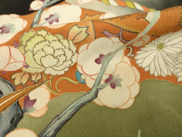 平和屋本店●アンティーク 大正ロマン 振袖 竹 枝梅 金彩 正絹 逸品 AABL3620ck