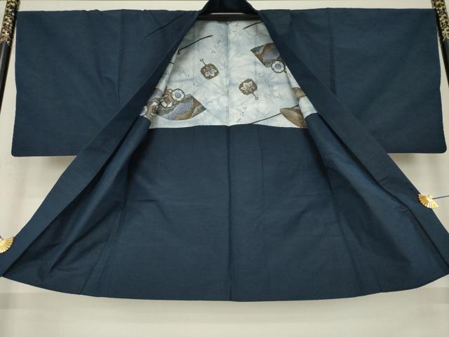 平和屋着物●男性 紬 アンサンブル 藍鉄色 正絹 逸品 AABL3623ck