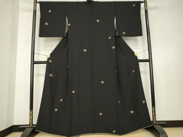 平和屋着物●上質な小紋 総刺繍 花丸文 黒地 金糸 正絹 逸品 AABL3636ck