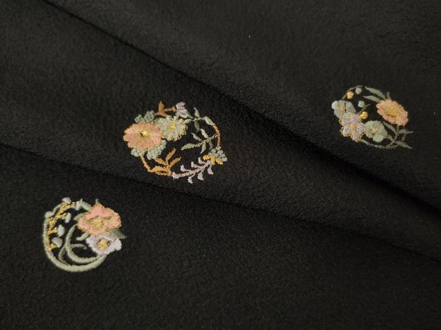 平和屋着物●上質な小紋 総刺繍 花丸文 黒地 金糸 正絹 逸品 AABL3636ck