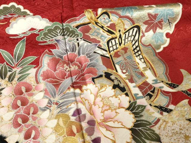 平和屋着物●豪華振袖 絞り 駒刺繍 流水御所車花文 金銀彩 正絹 逸品 AABL3648ck