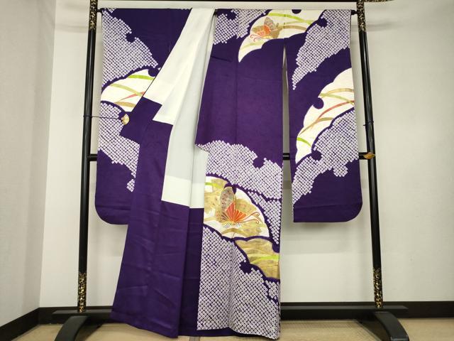 平和屋着物●豪華振袖 絞り 駒刺繍 雪芝舞蝶文 金彩 正絹 逸品 AABL3652ck