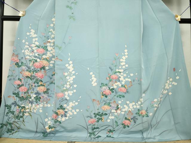 平和屋着物●十日町友禅作家 一梗 訪問着 草花文 ロング丈 正絹 逸品 AABL3658ck