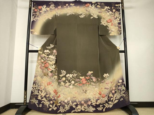 平和屋着物●訪問着 草花文 暈し染め 金彩 背抜き仕立て 正絹 逸品 AABL3685ck