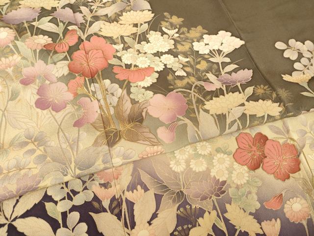 平和屋着物●訪問着 草花文 暈し染め 金彩 背抜き仕立て 正絹 逸品 AABL3685ck