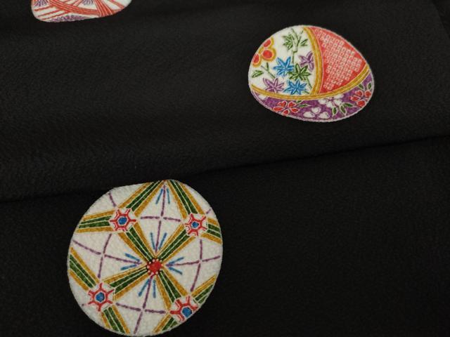 平和屋着物●上質な小紋 花毬文 黒地 正絹 逸品 AABL3699ck